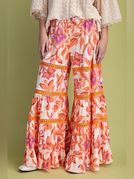 easel Pants - easel Orange, Pink & Cream Floral Wide-Leg Tiered Pants